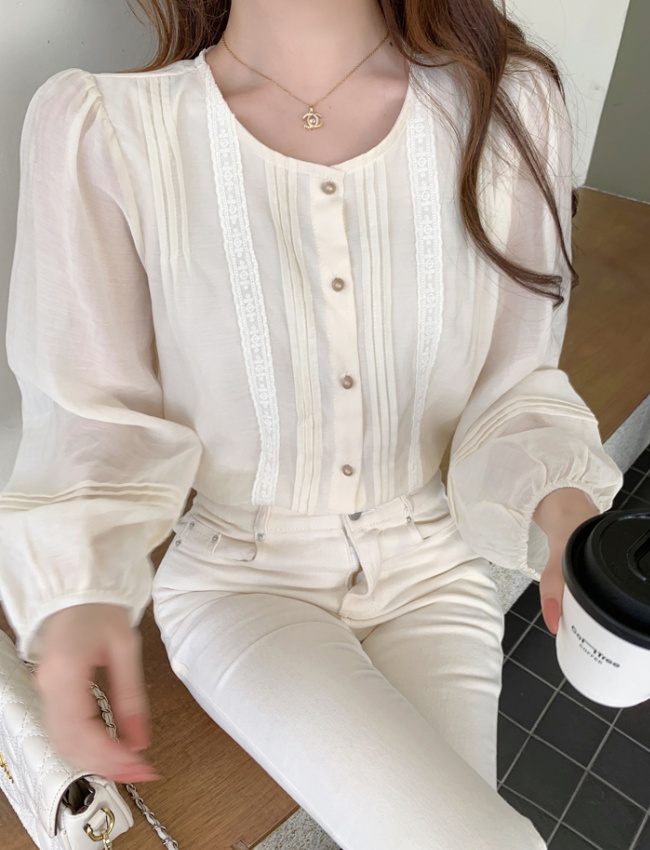 Spring round neck Korean style small shirt all-match splice shirt