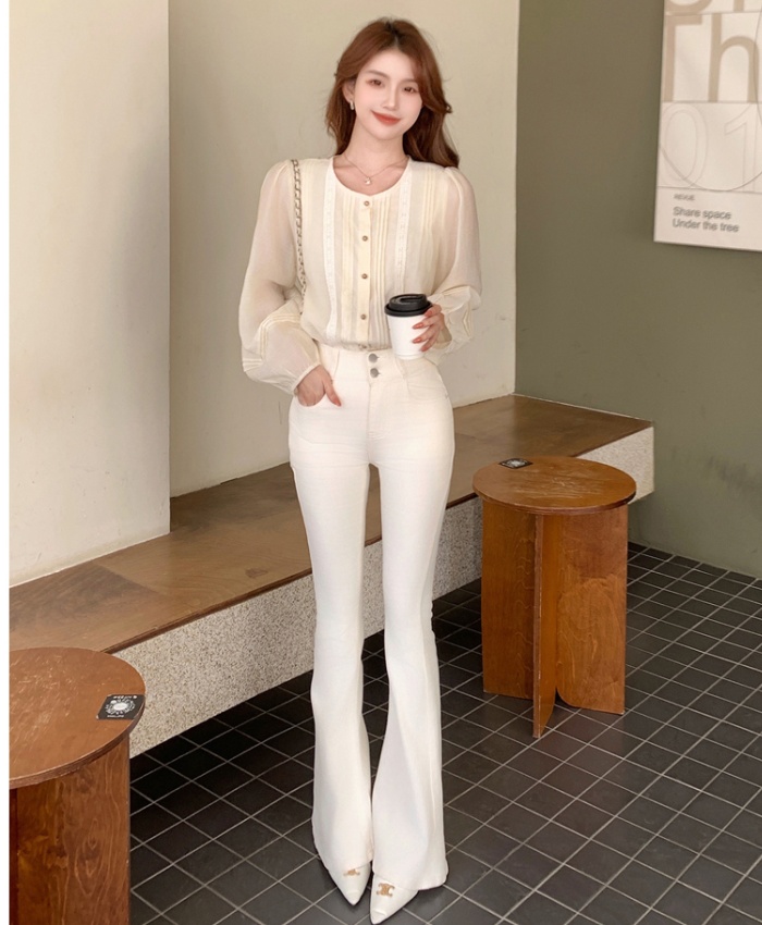 Spring round neck Korean style small shirt all-match splice shirt