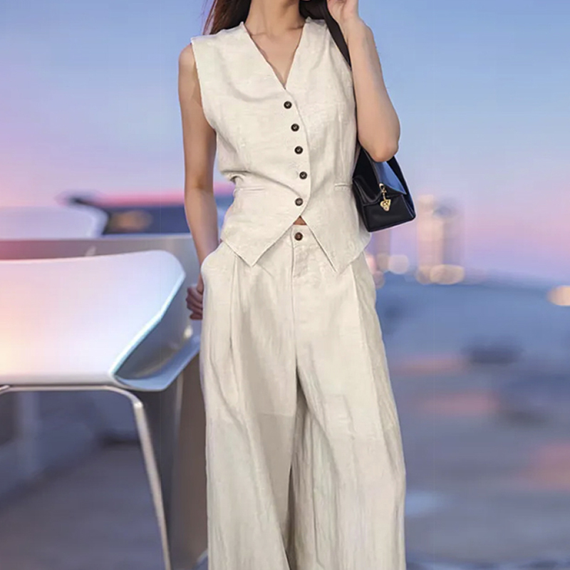 Sleeveless temperament tops V-neck long pants 2pcs set