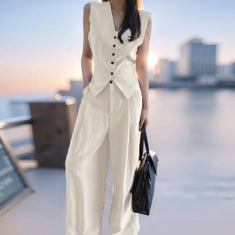 Sleeveless temperament tops V-neck long pants 2pcs set