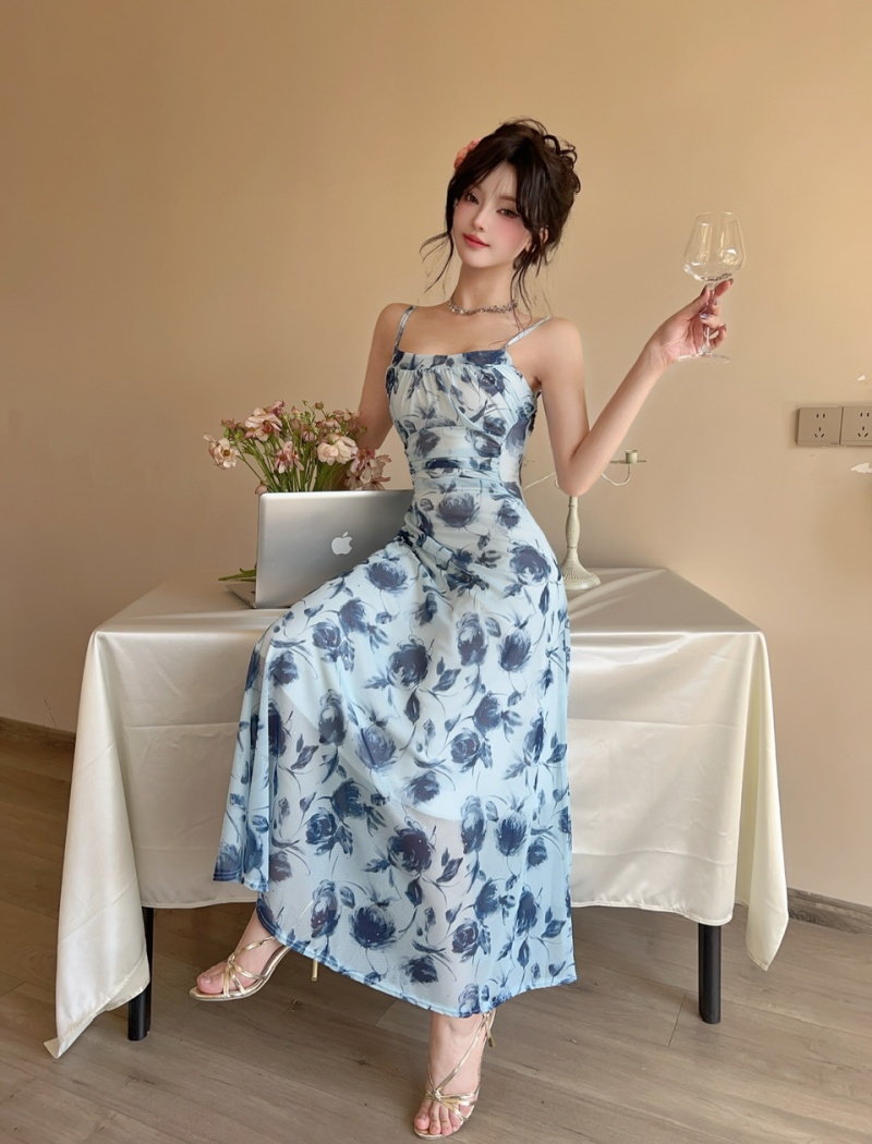 Floral long vacation gauze sexy sling dress