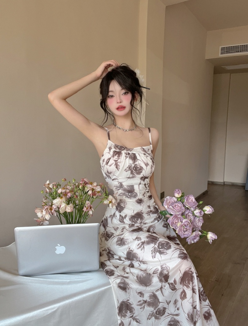 Floral long vacation gauze sexy sling dress