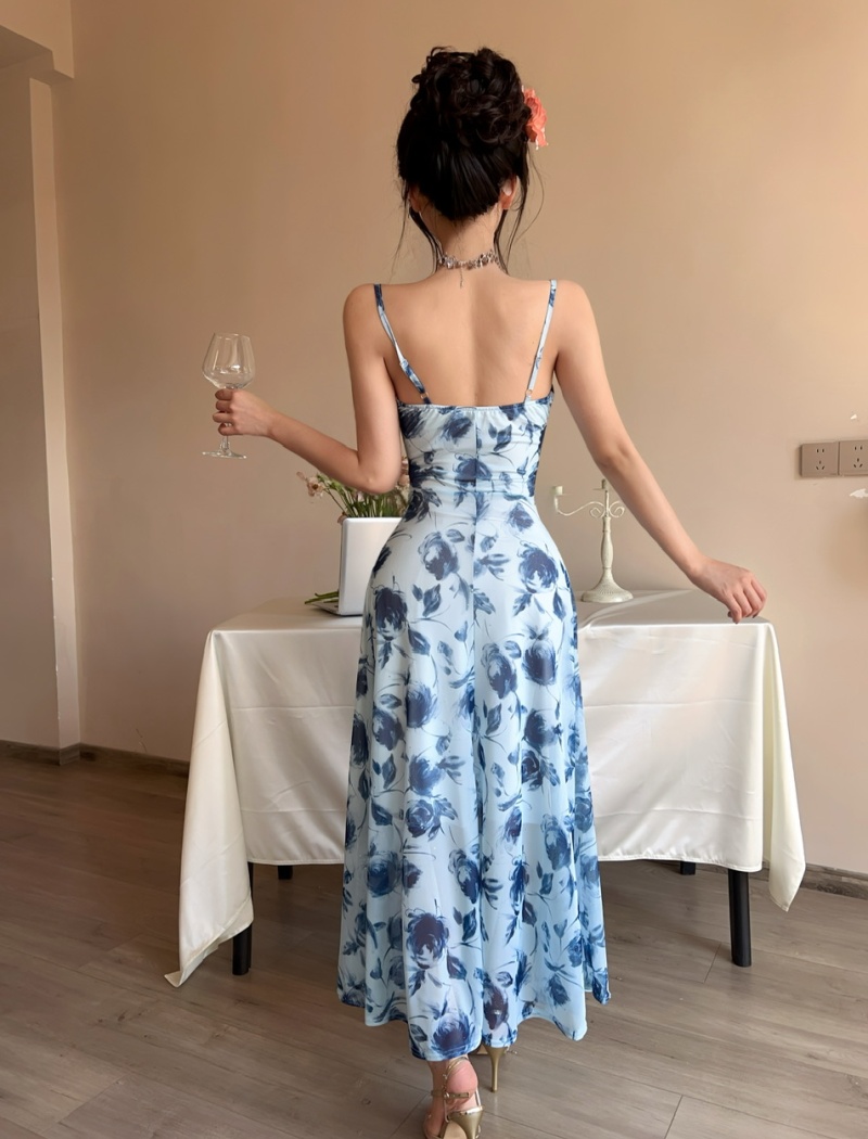 Floral long vacation gauze sexy sling dress