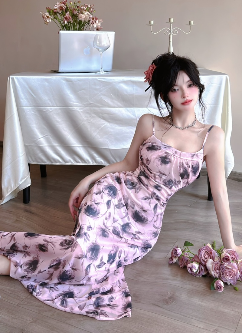 Floral long vacation gauze sexy sling dress