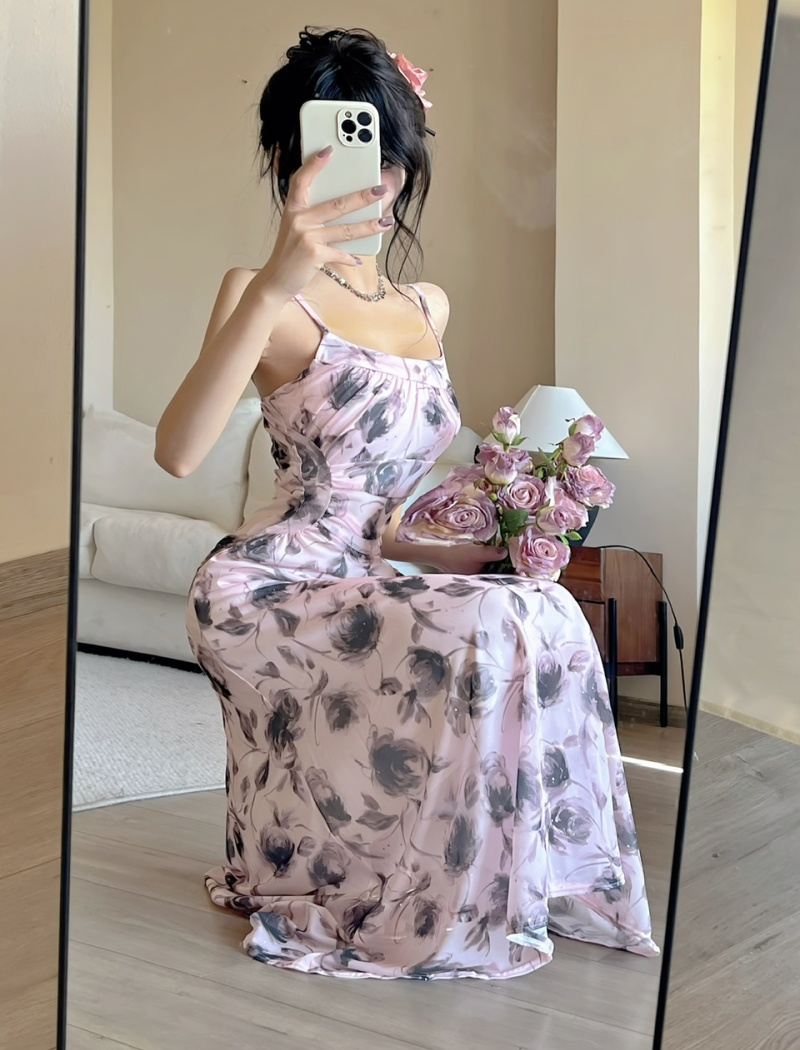 Floral long vacation gauze sexy sling dress