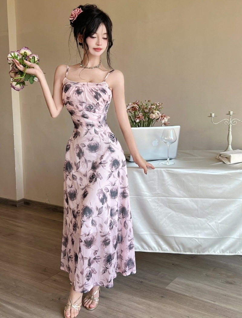 Floral long vacation gauze sexy sling dress