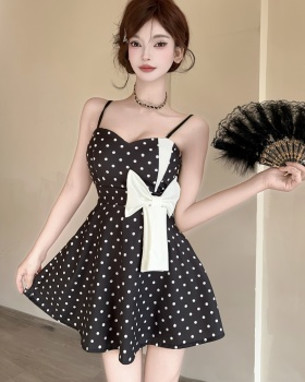 Short polka dot bottoming sling splice sexy bow dress