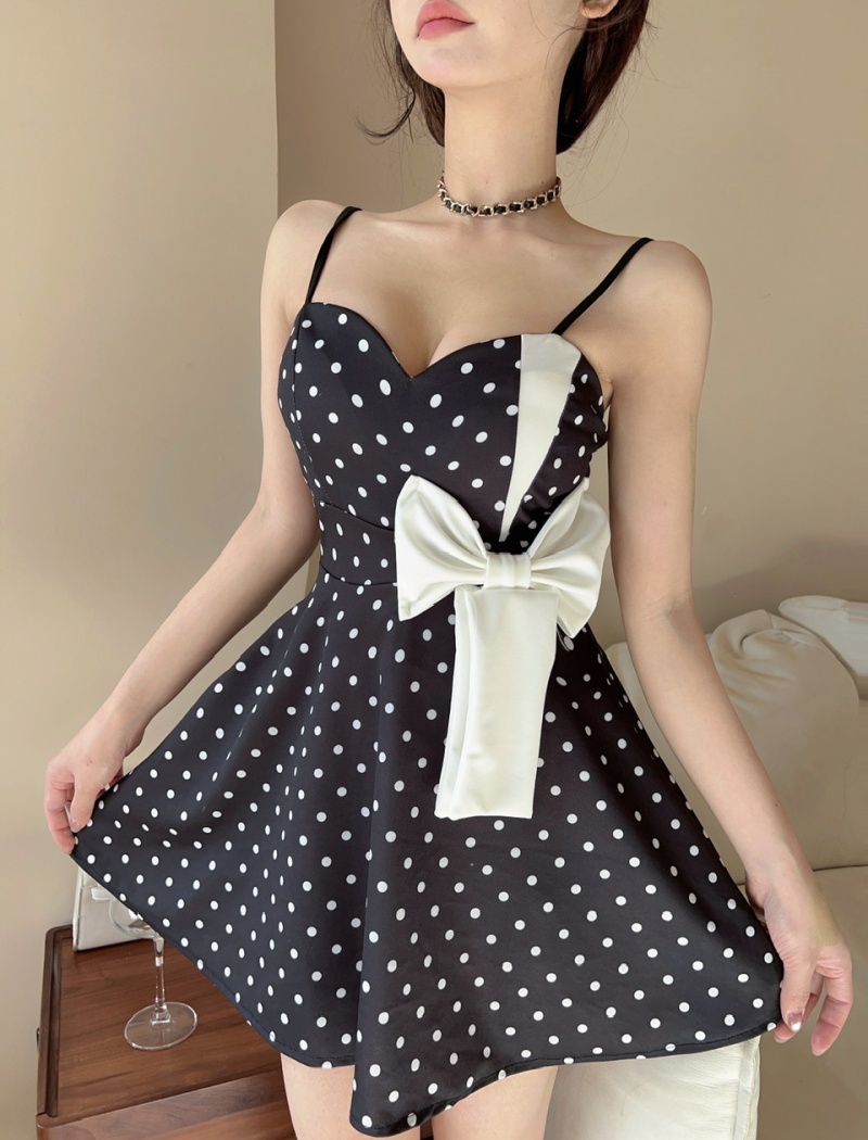 Short polka dot bottoming sling splice sexy bow dress