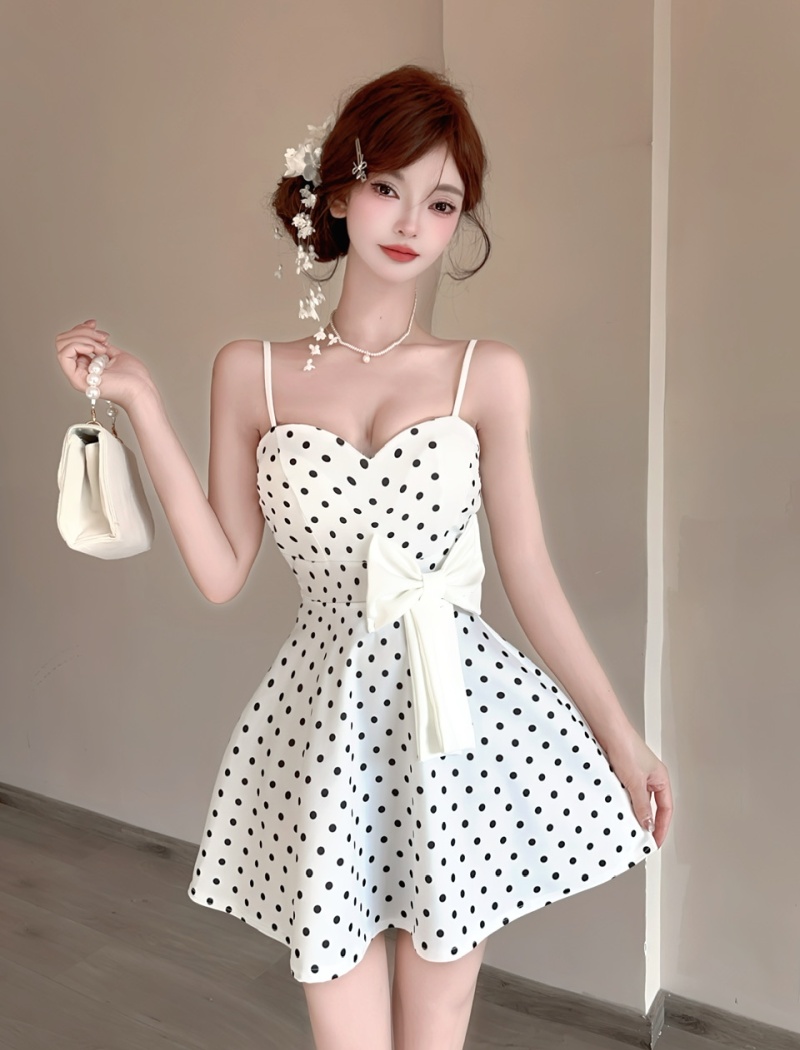 Short polka dot bottoming sling splice sexy bow dress