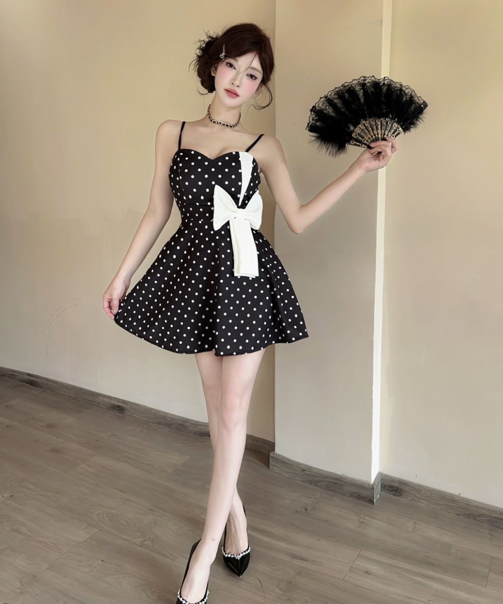 Short polka dot bottoming sling splice sexy bow dress