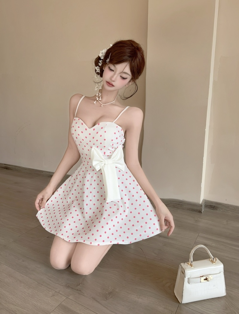 Short polka dot bottoming sling splice sexy bow dress