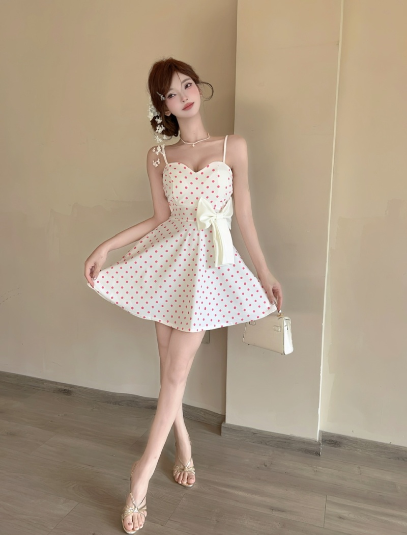 Short polka dot bottoming sling splice sexy bow dress