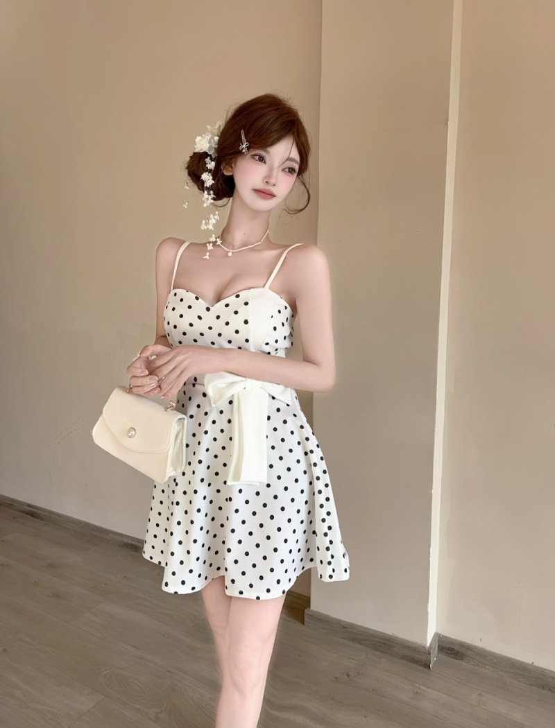 Short polka dot bottoming sling splice sexy bow dress