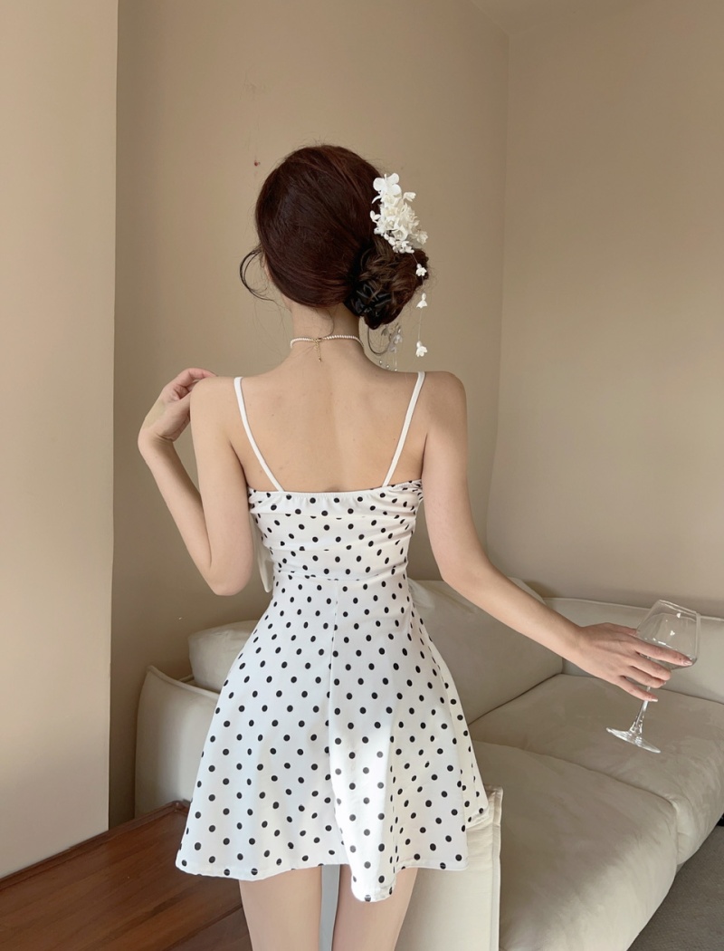 Short polka dot bottoming sling splice sexy bow dress