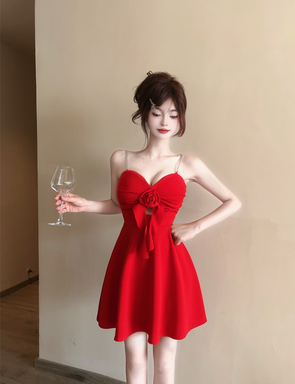 Hollow gauze big skirt sexy bandage splice dress