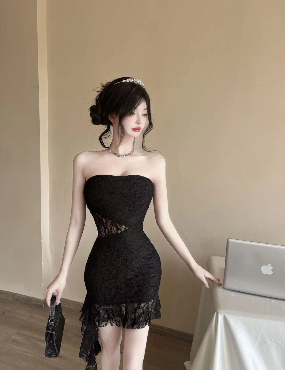 Bottoming short sexy lace package hip wrapped chest dress