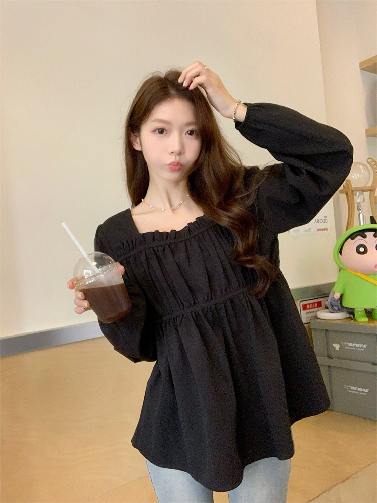 Loose square collar shirt Cover belly autumn tops for women