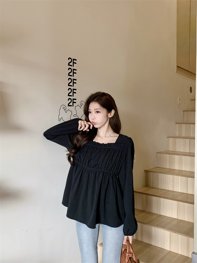 Loose square collar shirt Cover belly autumn tops for women