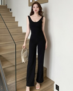 Elasticity black strap jumpsuit long halter casual pants for women