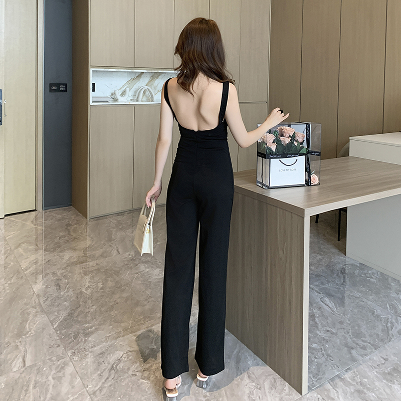 Elasticity black strap jumpsuit long halter casual pants for women