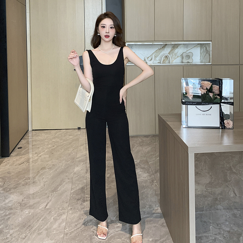 Elasticity black strap jumpsuit long halter casual pants for women