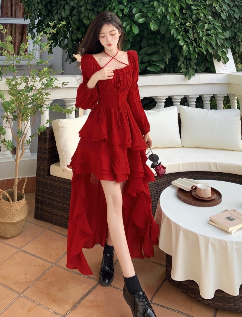 Temperament retro irregular pinched waist slim travel dress