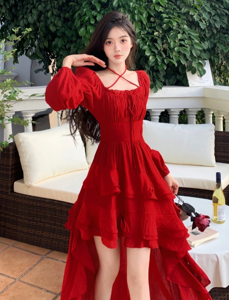 Temperament retro irregular pinched waist slim travel dress