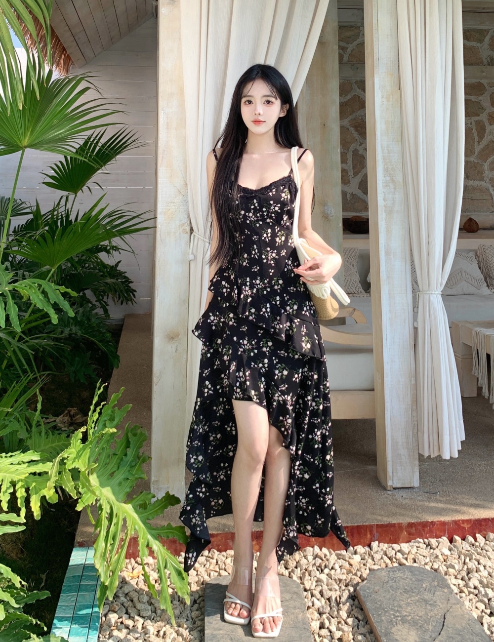 Floral slim skirt hem printing show young dress