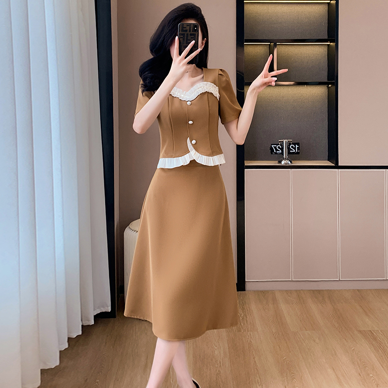 Tender sweet splice summer lady simple skirt 2pcs set