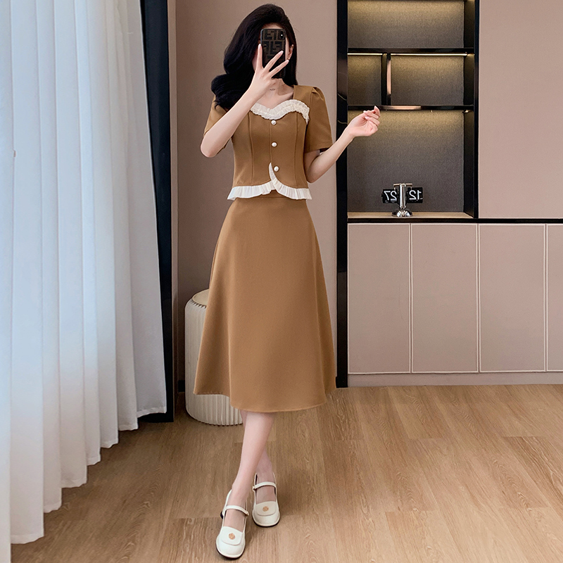 Tender sweet splice summer lady simple skirt 2pcs set