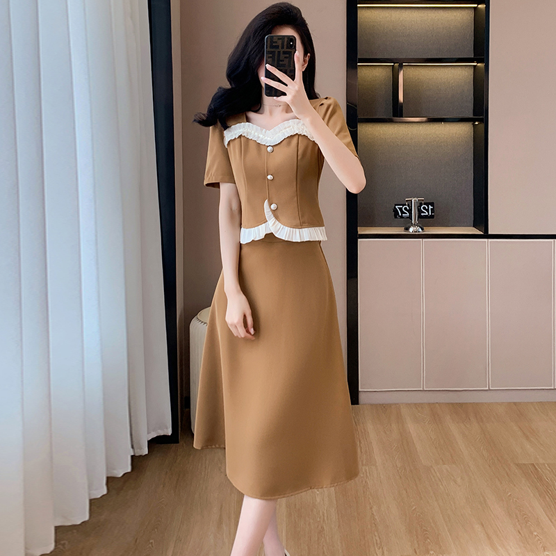 Tender sweet splice summer lady simple skirt 2pcs set