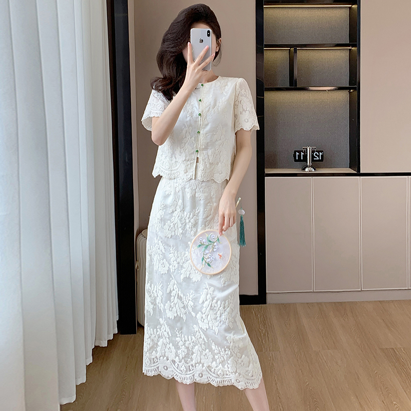 Embroidery lady tops fashion summer skirt 2pcs set