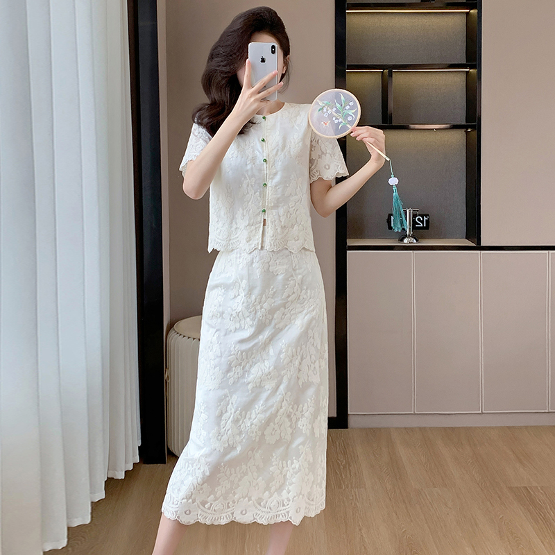 Embroidery lady tops fashion summer skirt 2pcs set