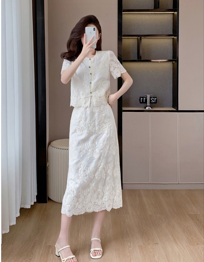 Embroidery lady tops fashion summer skirt 2pcs set