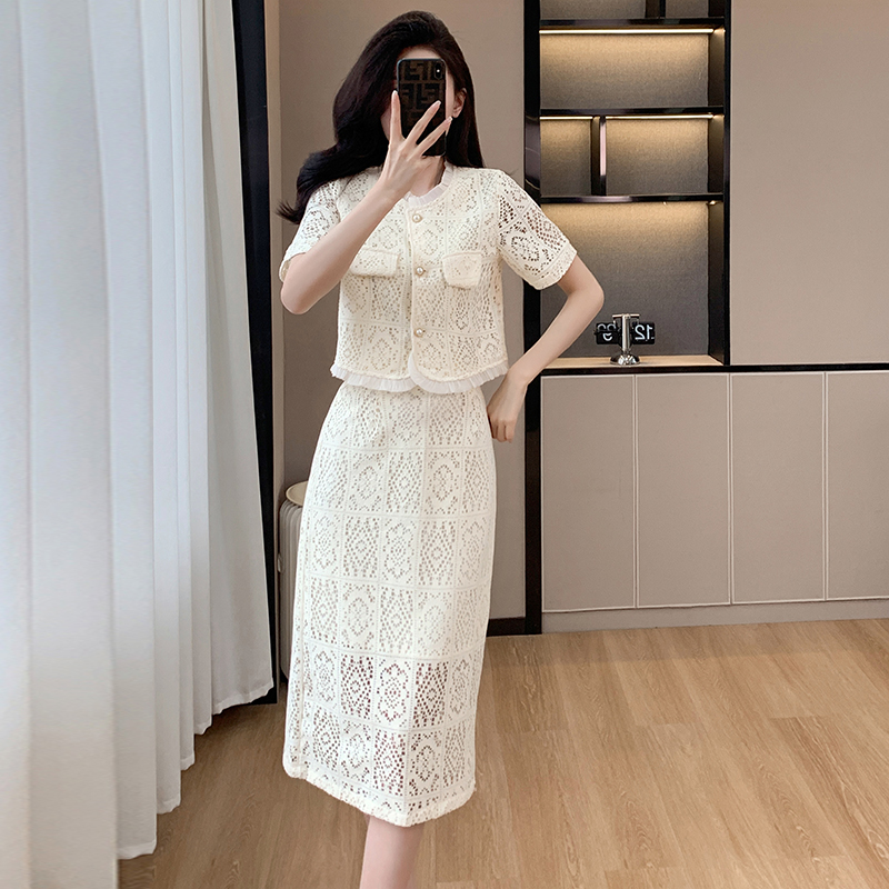 Chanelstyle fashion skirt lace summer tops 2pcs set