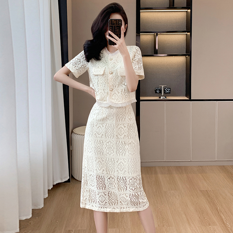 Chanelstyle fashion skirt lace summer tops 2pcs set