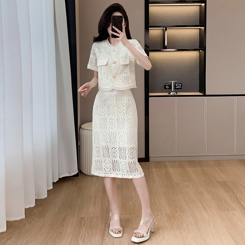 Chanelstyle fashion skirt lace summer tops 2pcs set