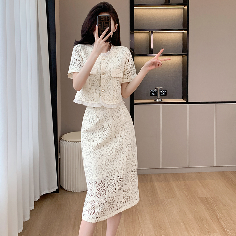 Chanelstyle fashion skirt lace summer tops 2pcs set