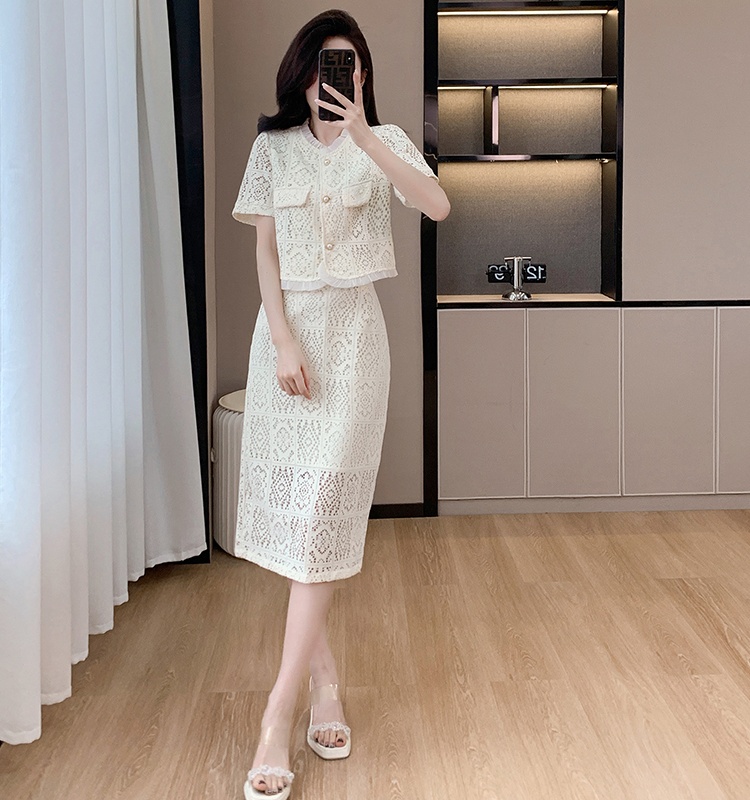 Chanelstyle fashion skirt lace summer tops 2pcs set