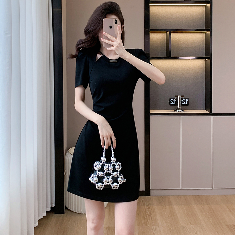 Hepburn style hollow short elasticity slim dress