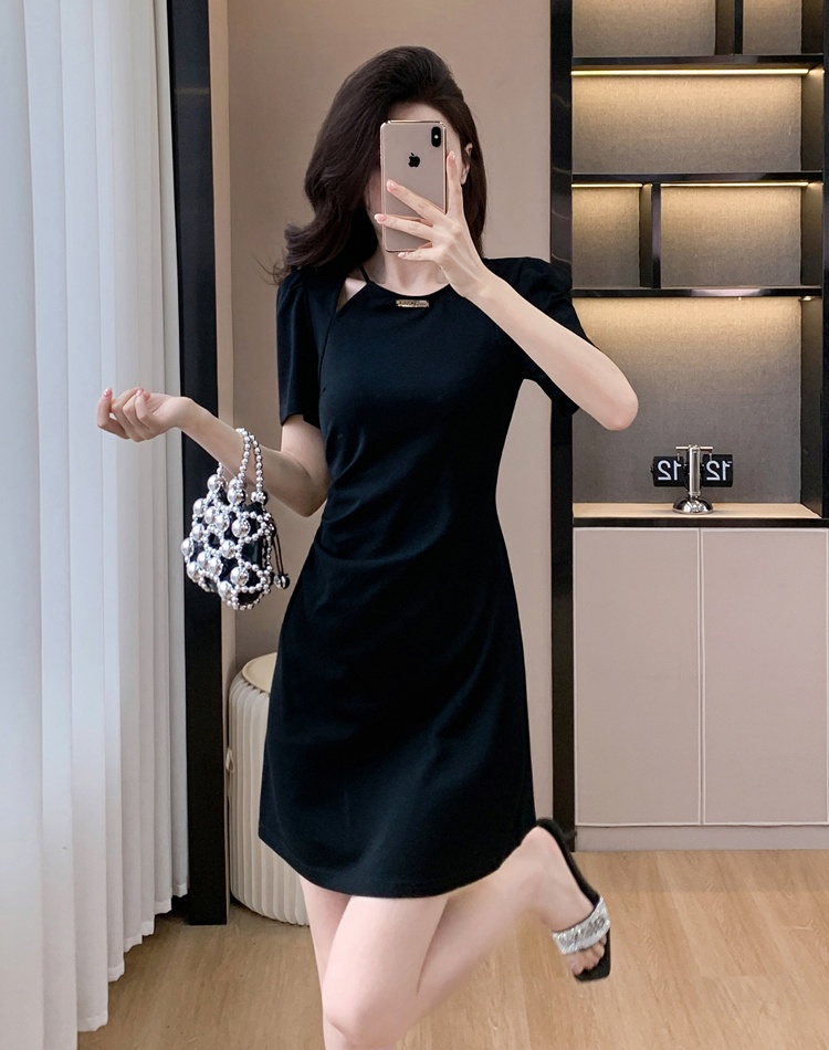 Hepburn style hollow short elasticity slim dress