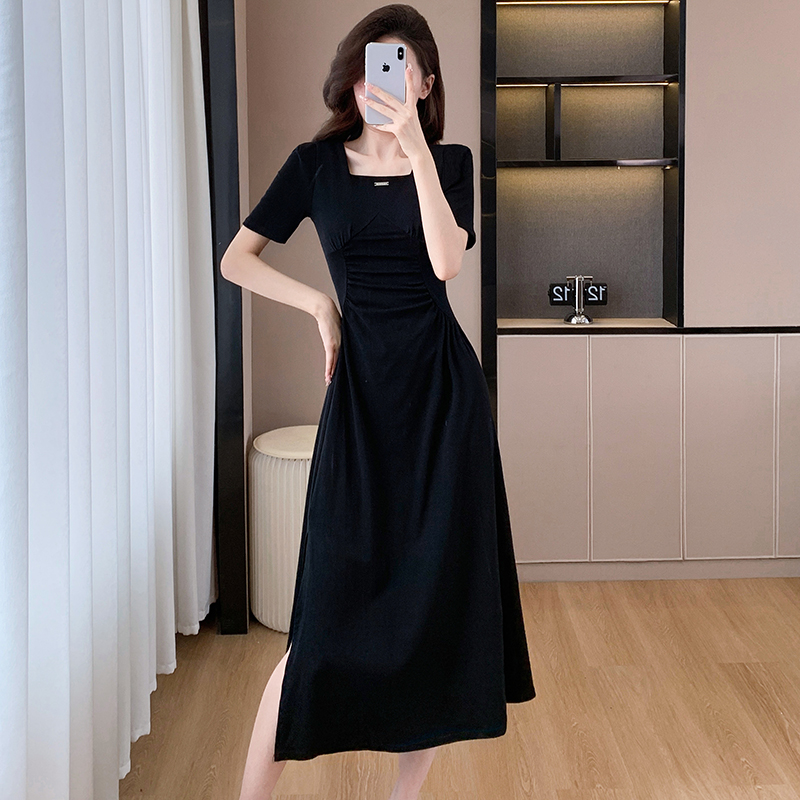 Fold knitted split Hepburn style summer slim dress