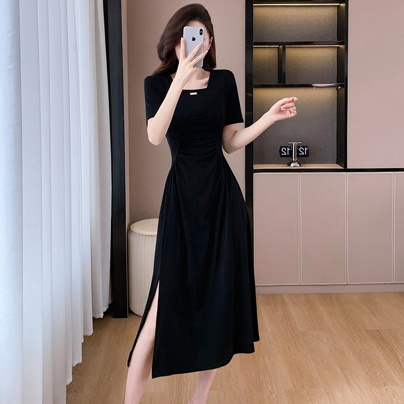 Fold knitted split Hepburn style summer slim dress