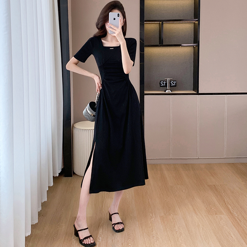 Fold knitted split Hepburn style summer slim dress