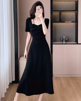 Temperament halter France style slim black dress