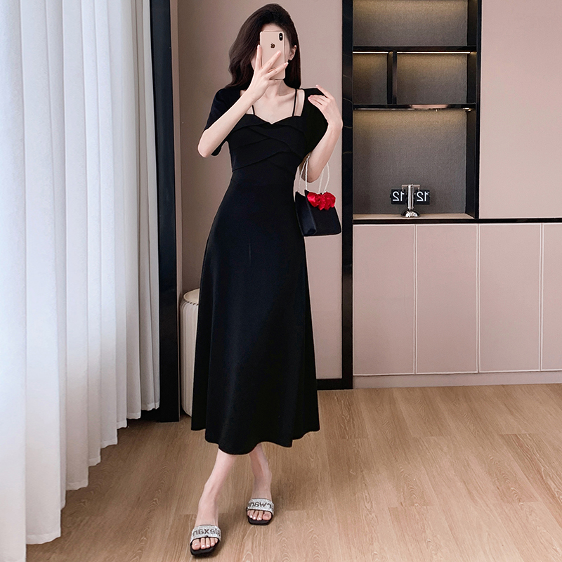 Temperament halter France style slim black dress