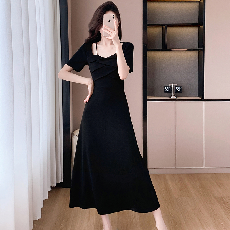 Temperament halter France style slim black dress