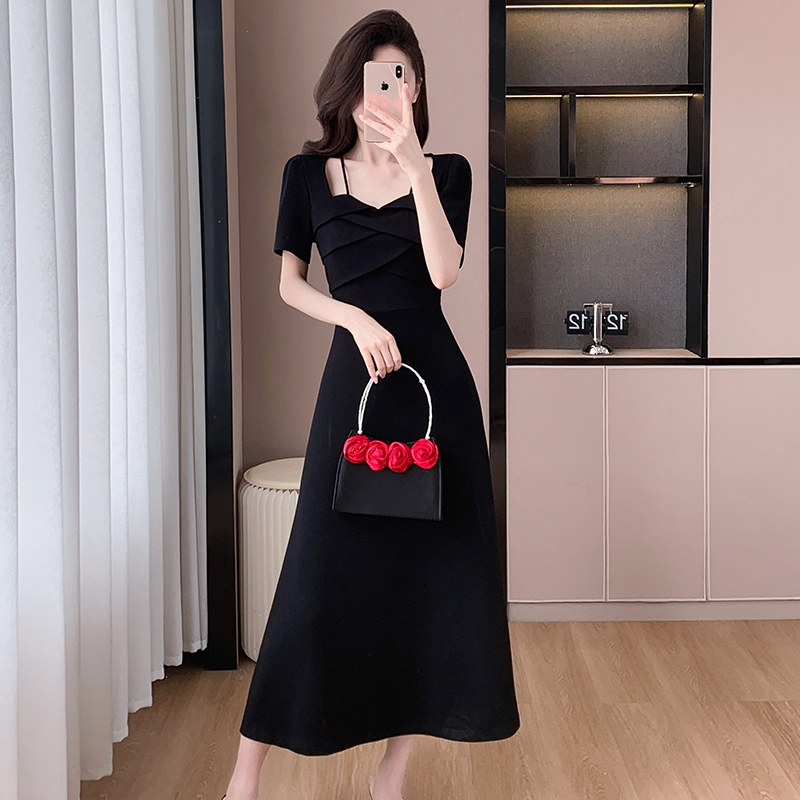 Temperament halter France style slim black dress