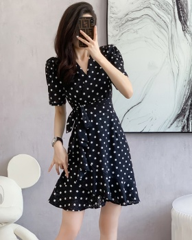 Summer printing fashion dress short polka dot V-neck belt