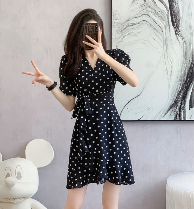 Summer printing fashion dress short polka dot V-neck belt